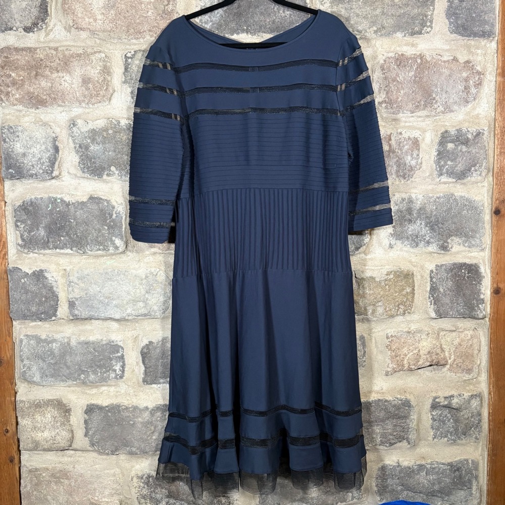 Tadashi Shoji‎ Too Navy Blue Dress 1X Plus Size Pleated Mesh Trim Party Formal